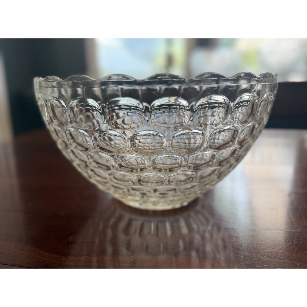 Vintage Federal Glass Yorktown Punch Bowl Clear Colonial Thumbprint Scalloped